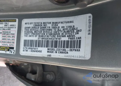 2004 Toyota Corolla Le из США, поврежденный, VIN 2T1BR32E44C274161